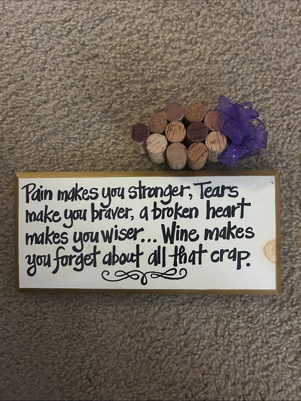 Wine Quote Wall Sign with Cork Accents - White and Gold